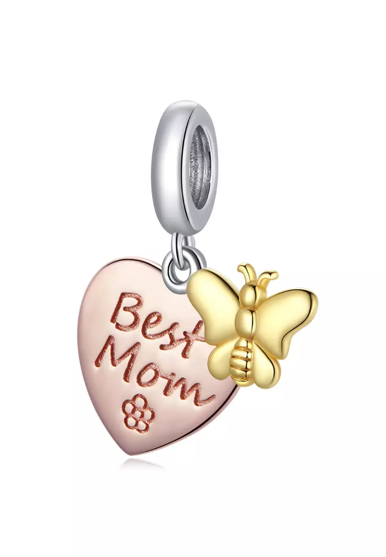 Solid 925 Sterling Silver Best Mom Heart and Butterfly Charm
