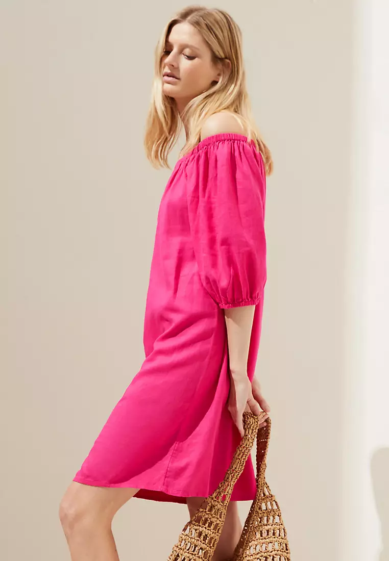 Linen Rich Bardot Knee Length Shift Dress
