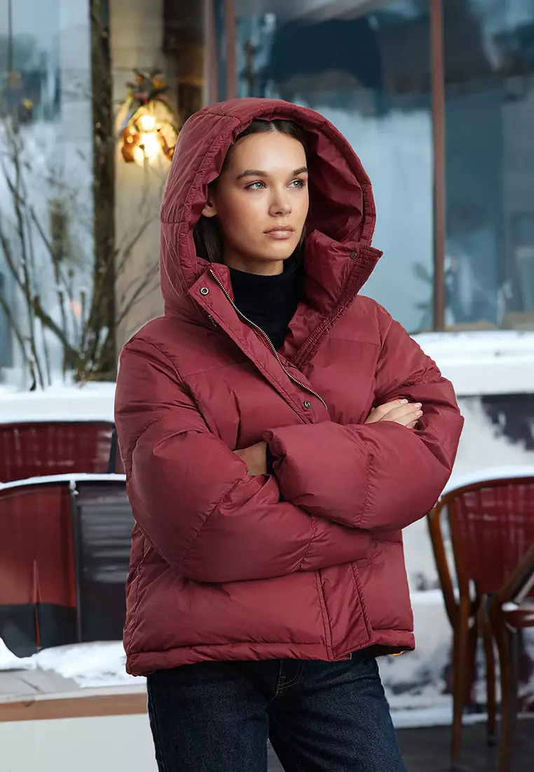 Claret Red Oversize Hooded Goose Feather Water Repellent Puffer Jacket TWOAW25MO00102