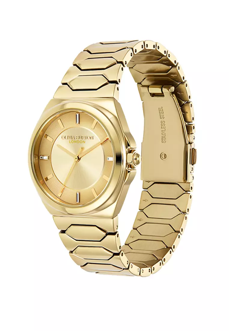 Olivia Burton Champagne Sunray Dial with CD Textured Outer Ring GP Honeycomb Link Bracelet 34mm - 24000201