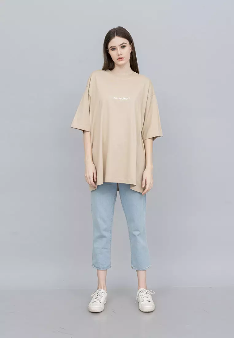 Houseofcuff Kaos Oversized T-shirt Wanita Unisex Tebal Krem Dragon