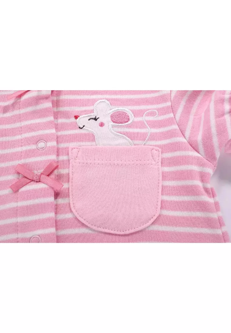 Baby Girl Romper Pink Stripes w Embroidered Little Mouse