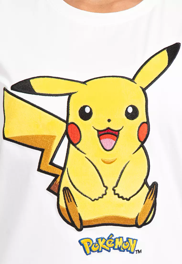 Forest X Pokemon Ladies Coral Fleece Textured Embroidered Pikachu Round Neck Tshirt Women - FP821000-02White