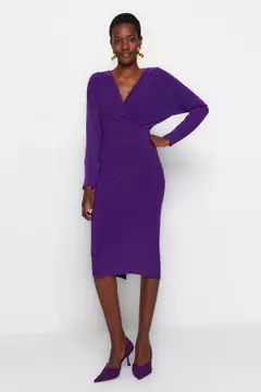 Purple long sleeve midi clearance dress