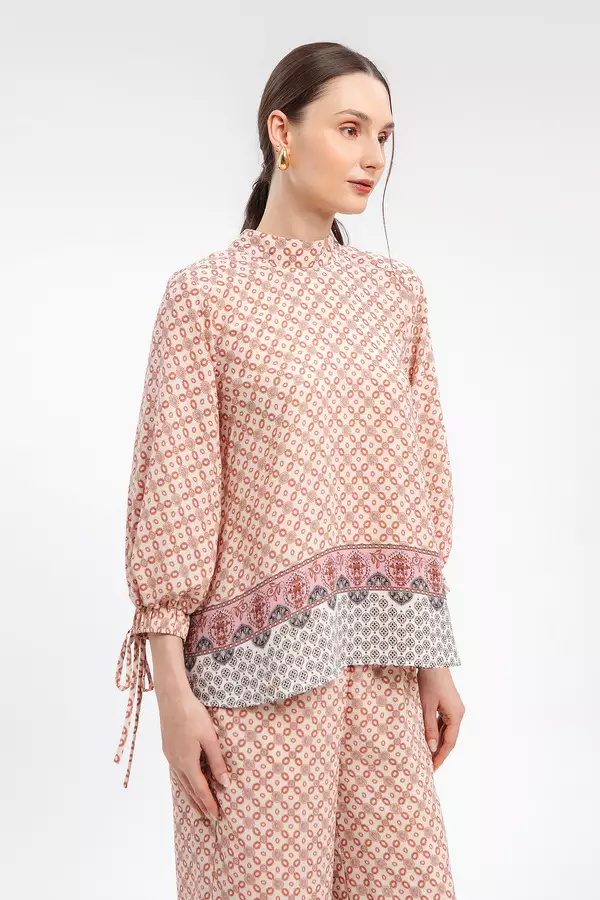 MINIMAL - Zaisa - Blus Motif Geometris Lengan Balon - Beige Warna Beige