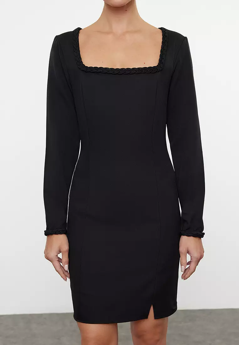 Black Body-hugging Knitted Detailed Square Neck Mini Woven Dress TWOAW25EL00331