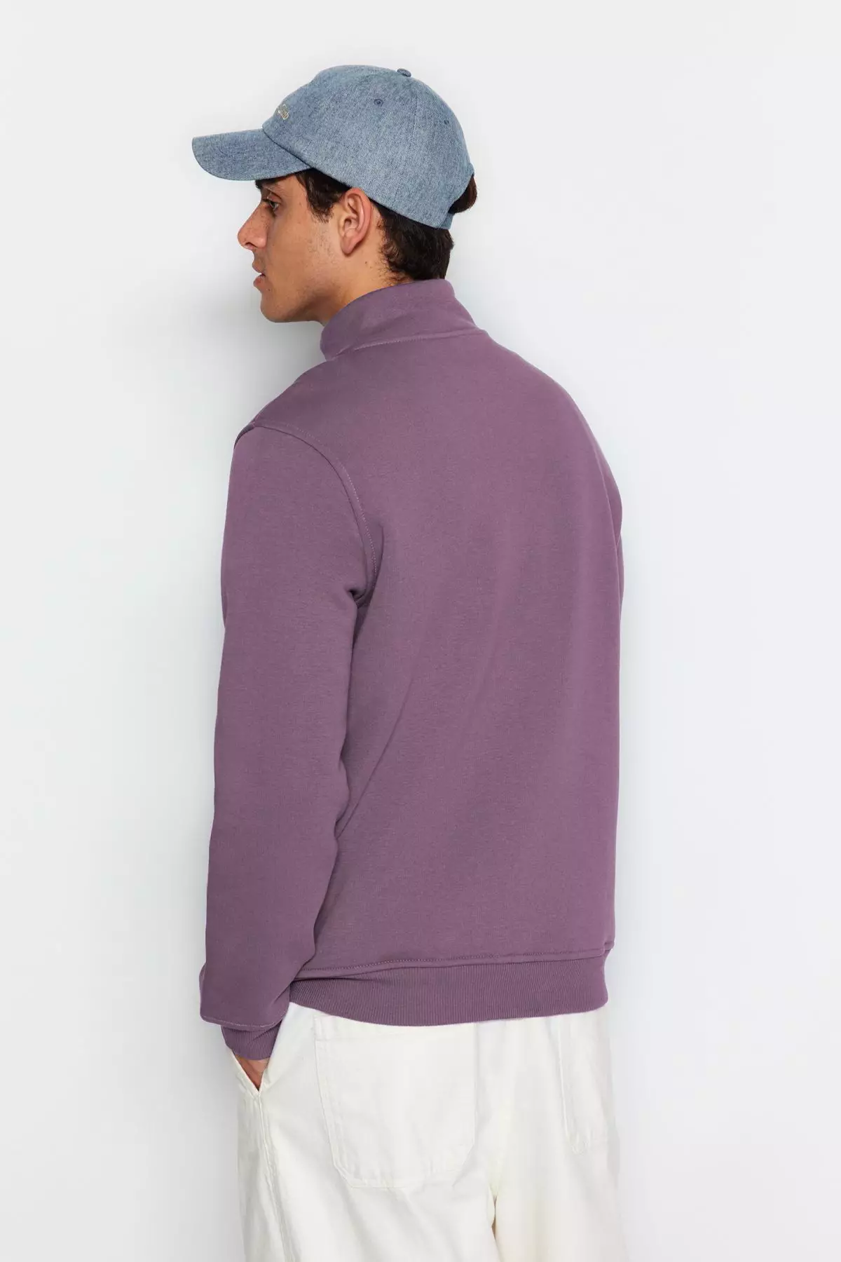 Purple Regular/Normal Cut Stand Collar Zippered Cotton Basic Polar Fleece Sweatshirt TMNAW24SW00041