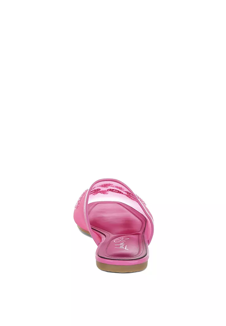 Mesh Sequin Beaded Mules In Fuchsia