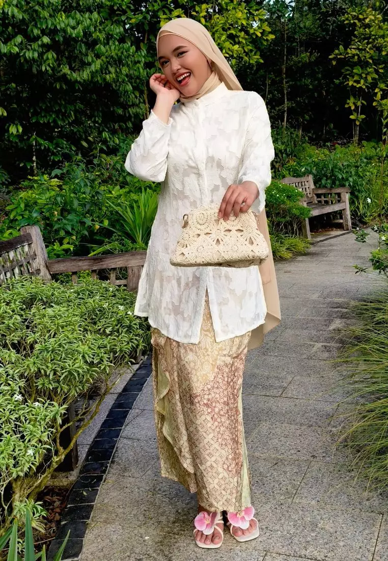 Loveaisyah White Premium Chiffon High Neck Top & Premium Brown Batik Skirt Modern Kurung