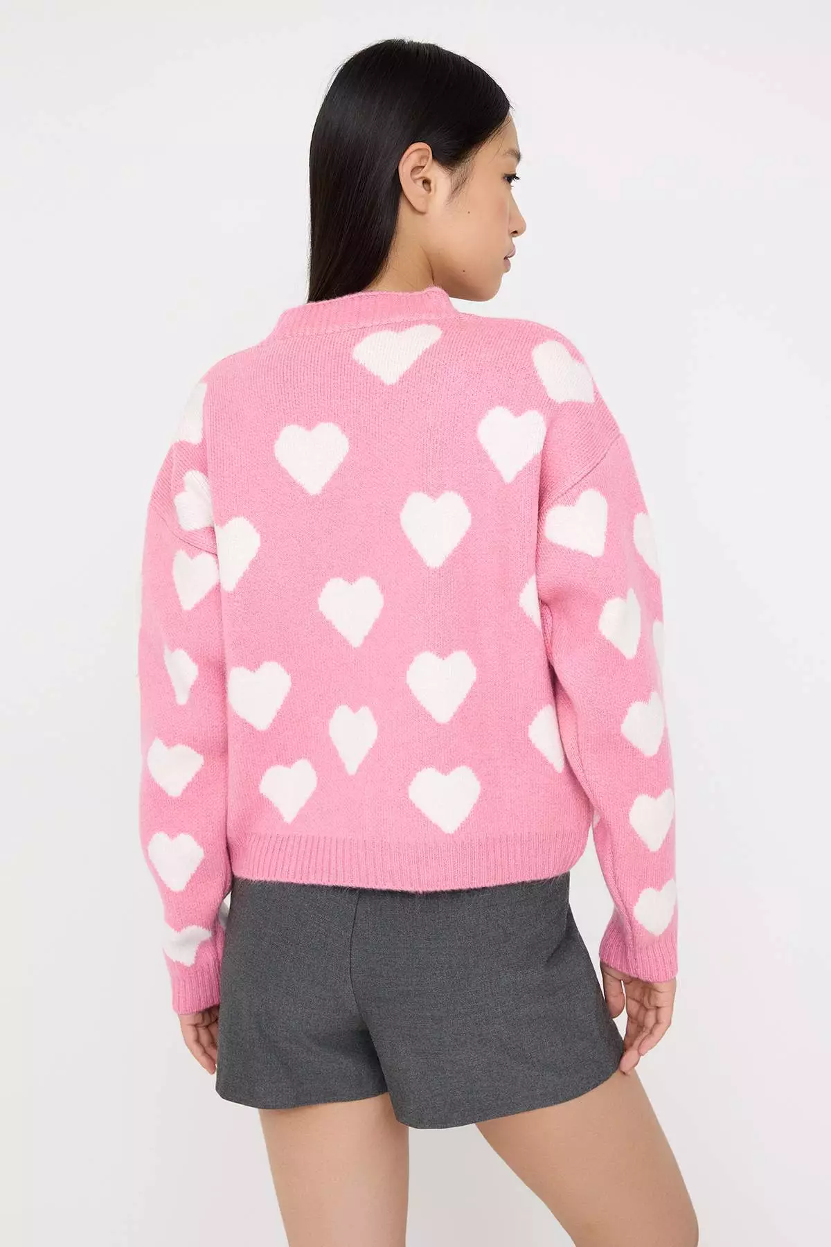 Teen Pink Soft Textured Heart Patterned Pearl Detailed Knitwear Cardigan
