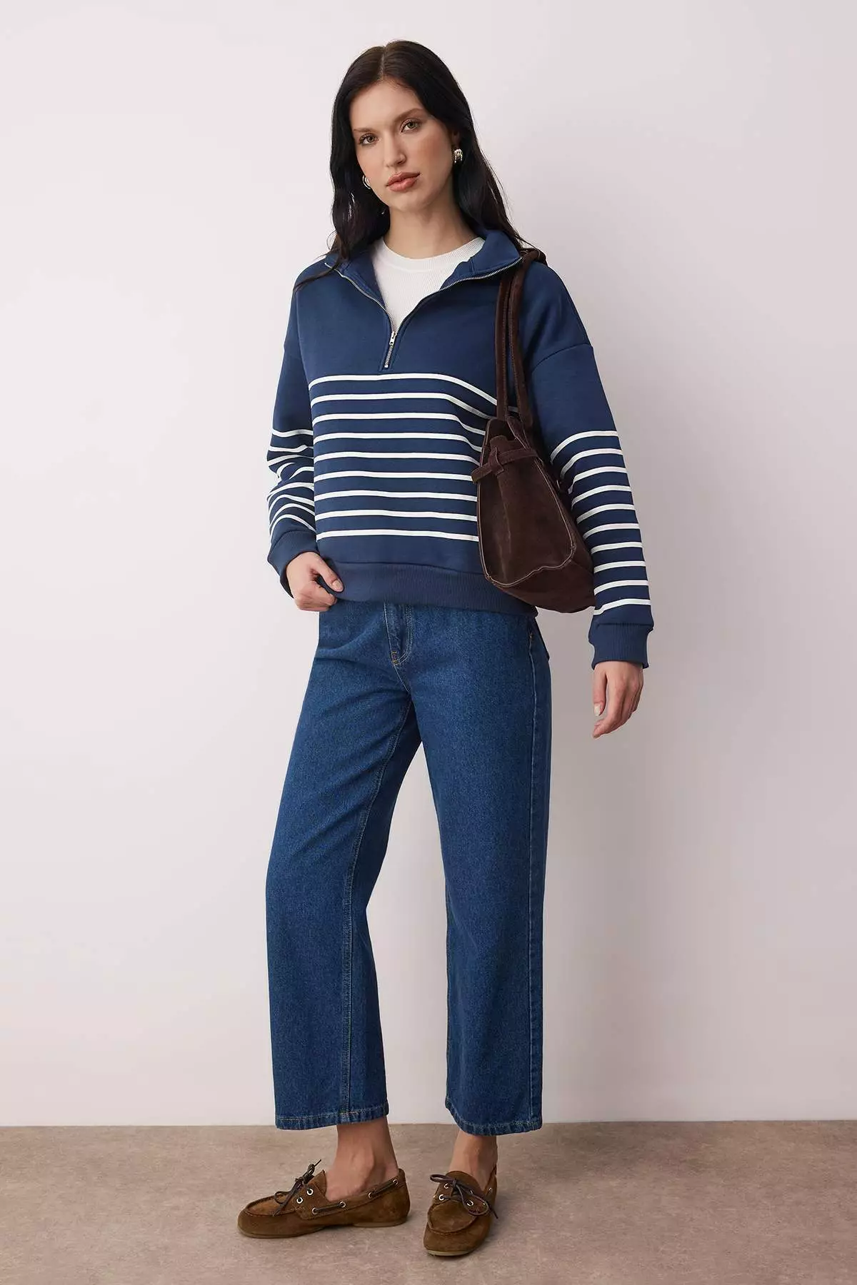 Navy Blue Striped Oversize/Wide Fit Zippered Thick Fleece Lined Knitted Sweatshirt Twoaw26Sw44
