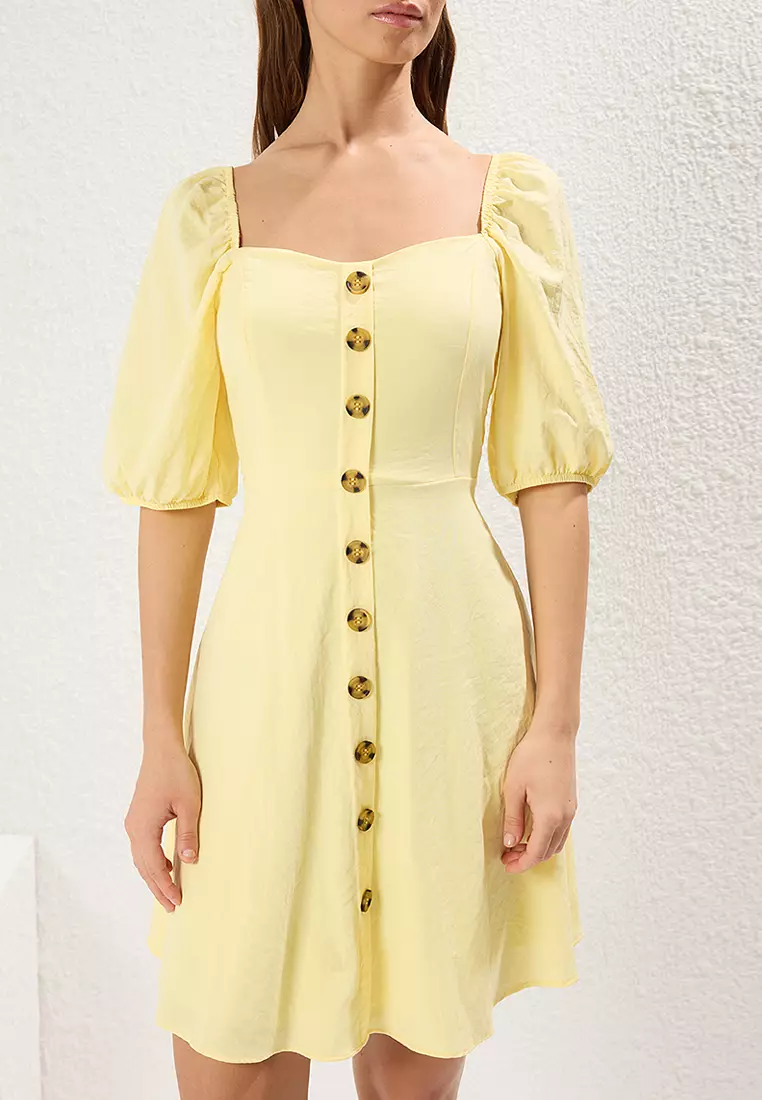 Yellow A-Line Balloon Sleeve Mini Woven Dress