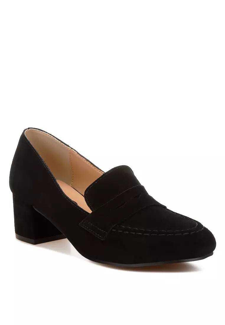Block Heel Suede Loafers in Black