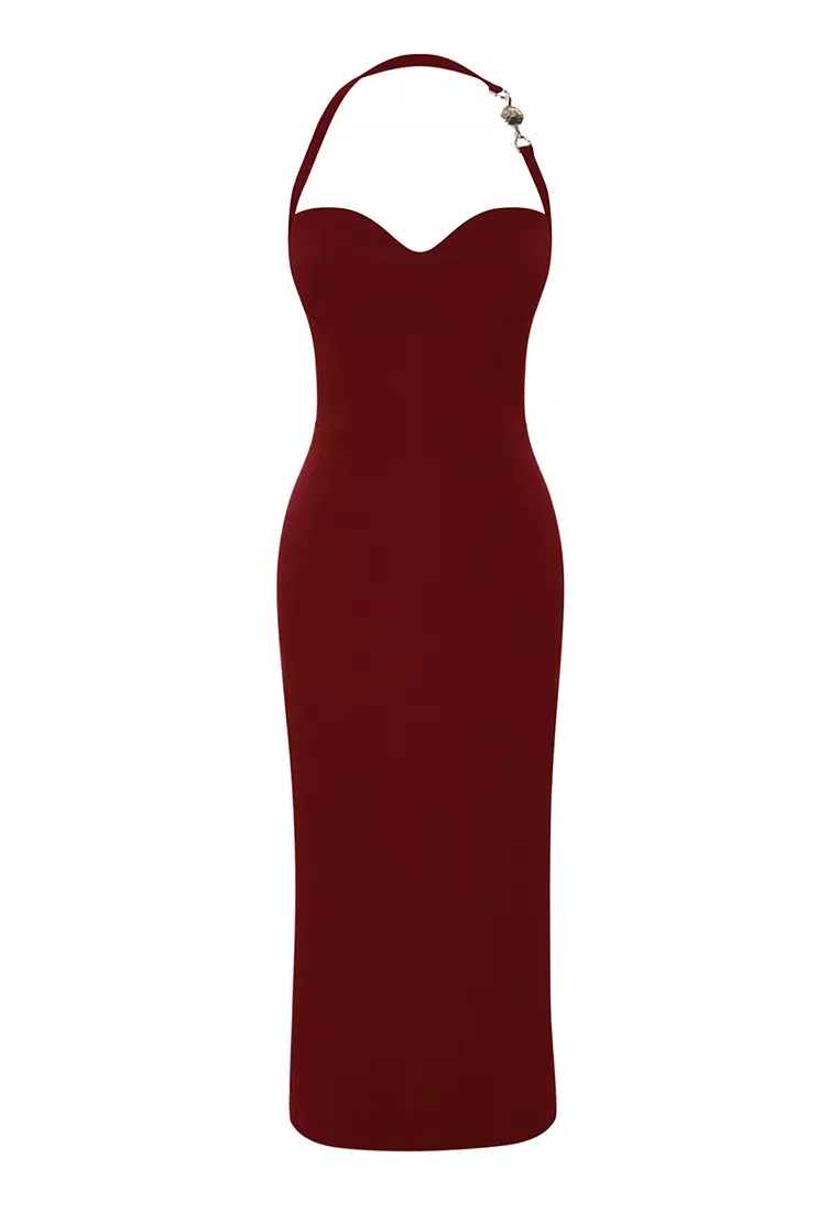 Burgundy Accessory Detailed Woven Elegant Evening Night Graduation Dress