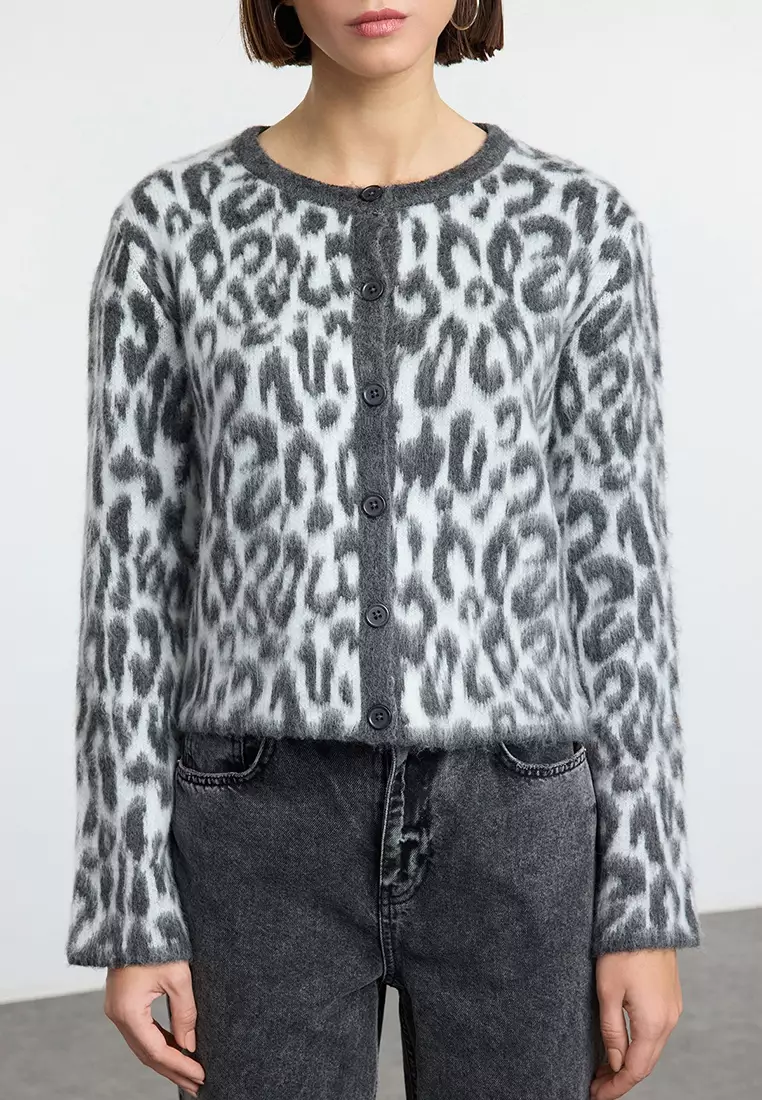Anthracite Leopard Patterned Knitwear Cardigan Twoaw25Hi00378
