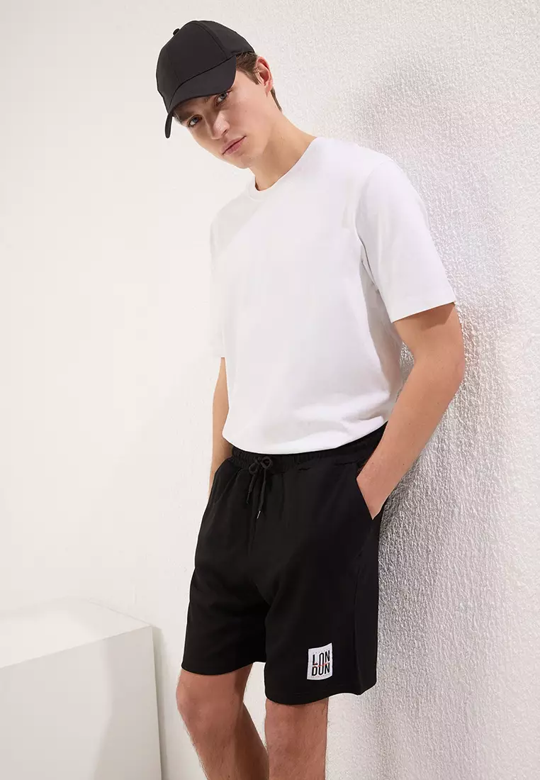Black Regular Cut London Labeled Textured Pique Shorts & Bermudas TMNSS25SR00030