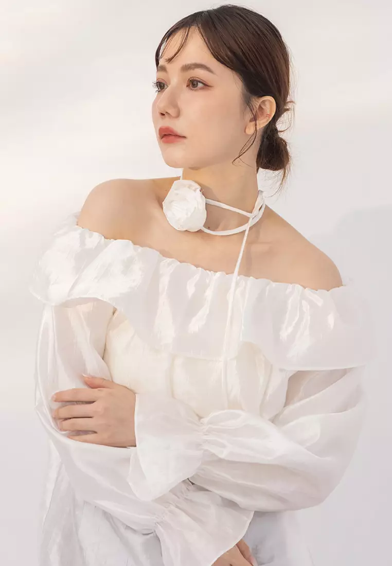 Off-Shoulder Ruffled Shimmer Top With Bateau Neckline and Rose Tie
