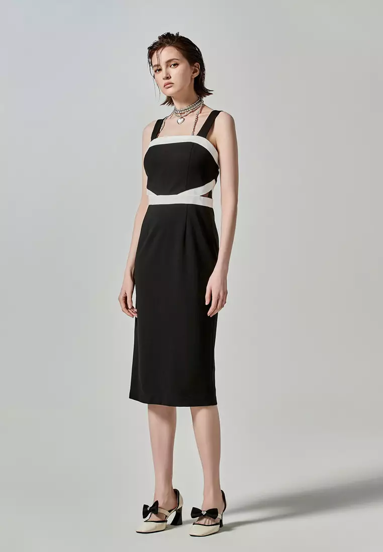 Midi Black Dress With Contrast White Trim