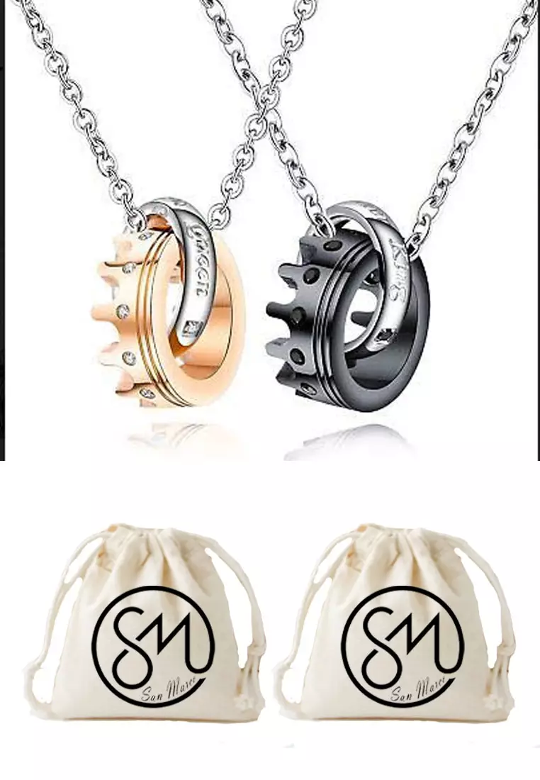 2 in 1 His Queen Her King Crown Charm Couple Necklace Kalung Pasangan Silver