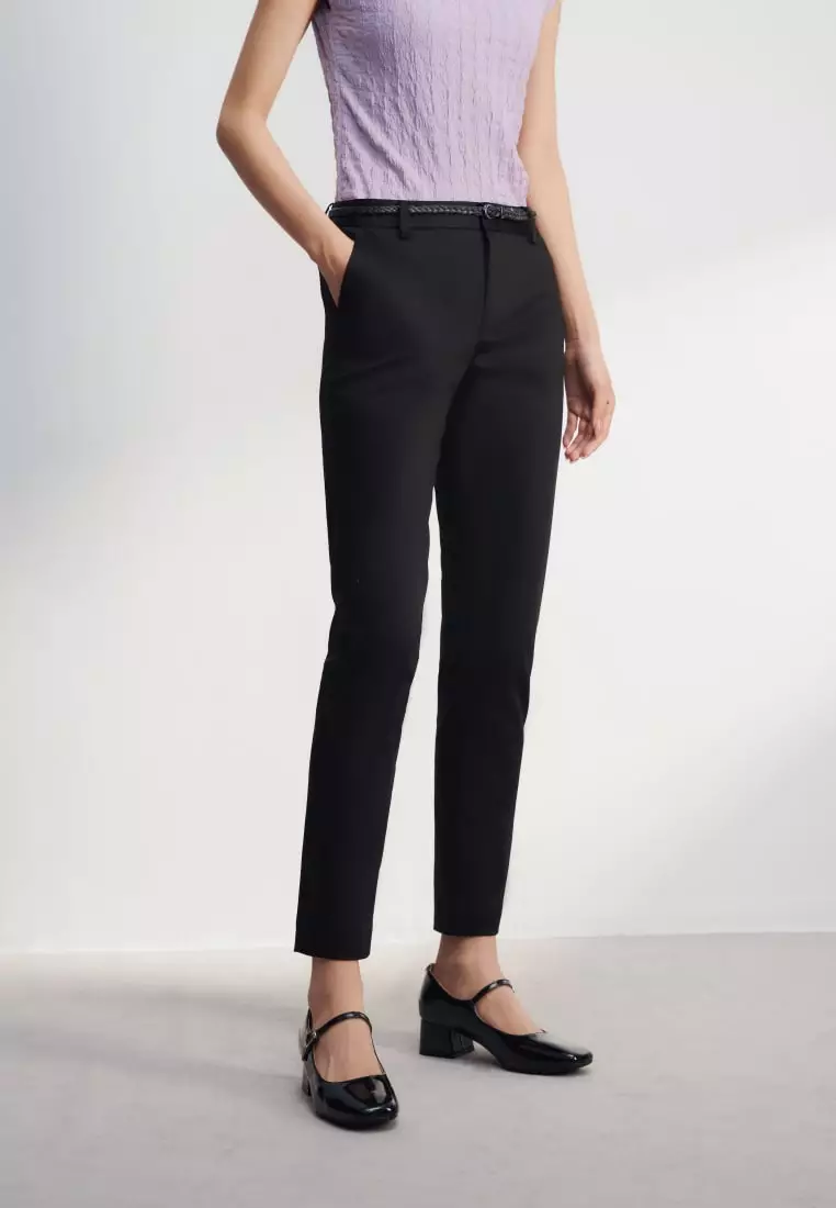 Cotton Blend Spandex Satin Ankle Skinny Pants With Belt