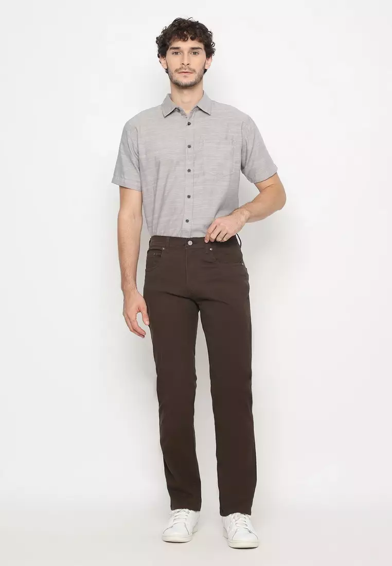 POLICE Celana Chino Panjang V Pocket Dark Olive Regular Fit Cotton Premium Pria