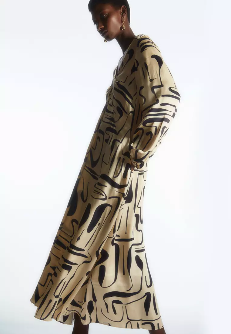Buy COS Swirl Print Satin Midi Dress in Beige Navy Print 2024