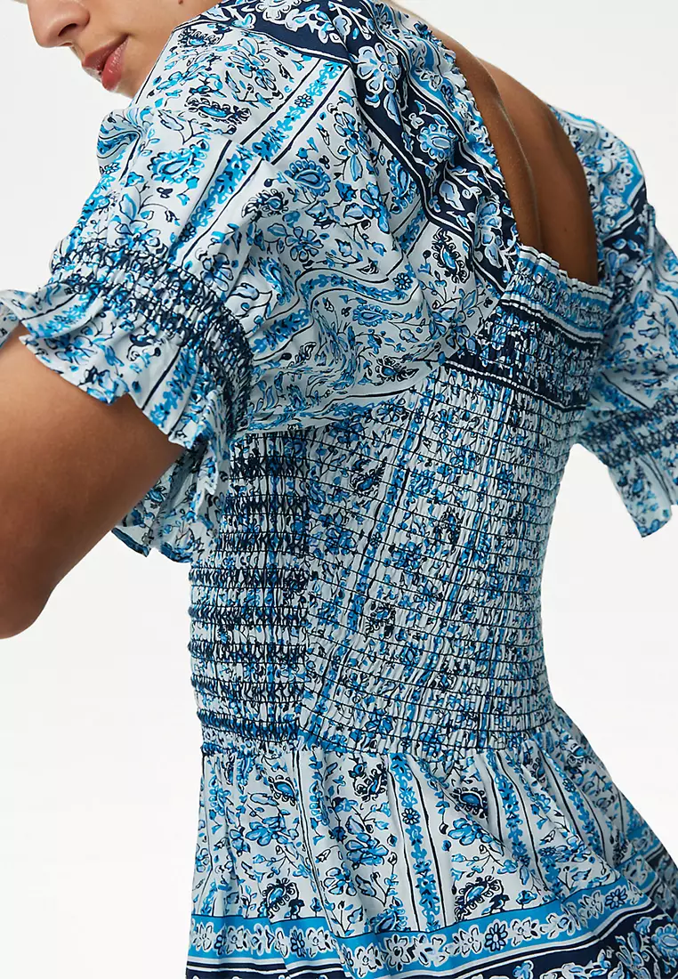 Pure Cotton Printed Square Neck Midi Dress