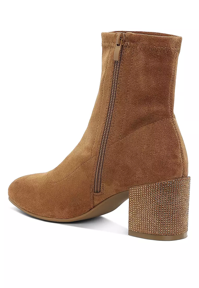 黃褐色水鑽裝飾粗跟靴