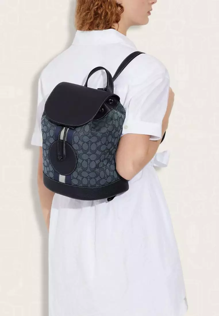 Coach Dempsey Drawstring Backpack In Signature Jacquard With Stripe And Coach Patch Midnight Navy Multi