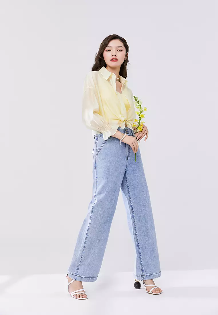 Semi Sheer Cropped Blouse With Waist Tie