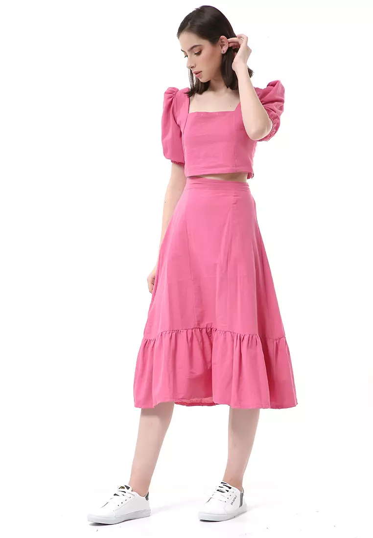 Nayra One Set Setelan Wanita Blouse Ruffle Lengan Pendek Midi Skirt Material Linen ORIGINAL - Fuschia