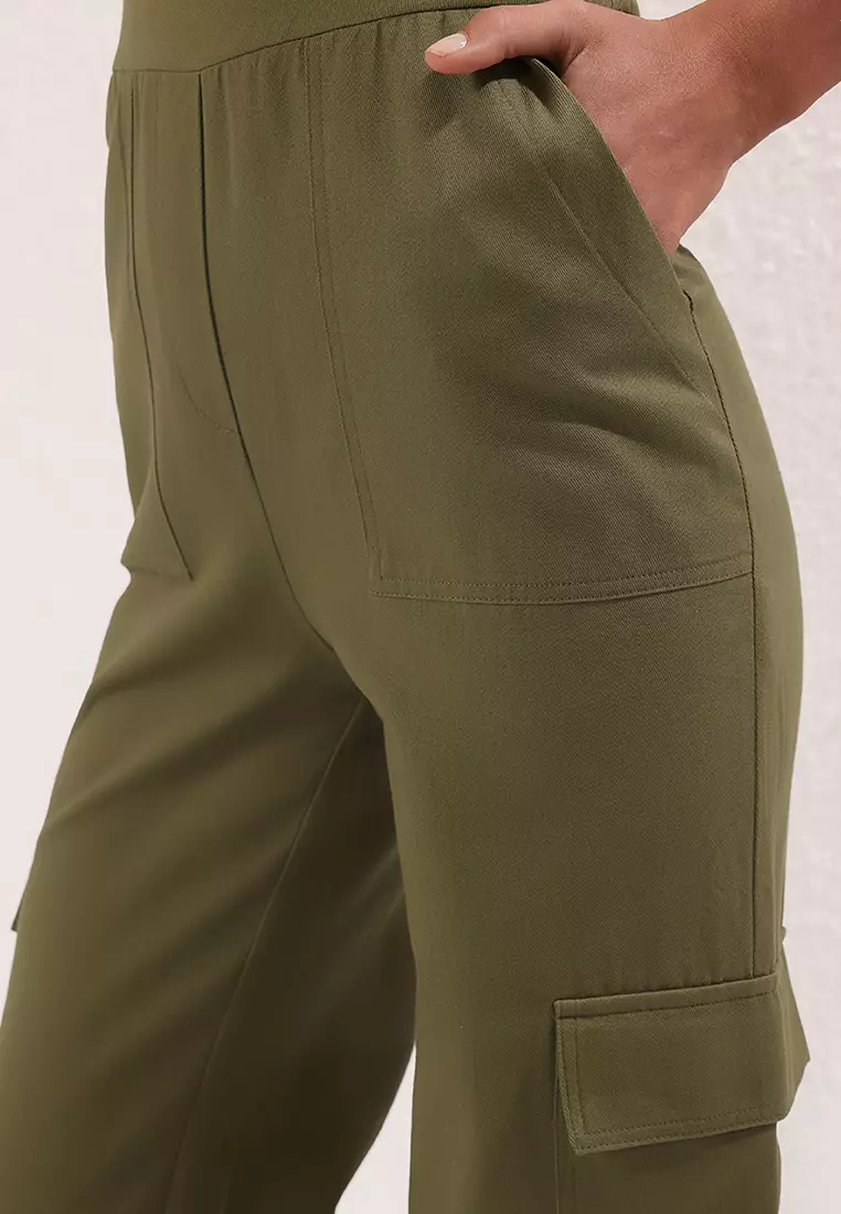 Khaki Cargo Pocket Strapless Neck Maxi Woven Jumpsuit Twoss23Tu00192