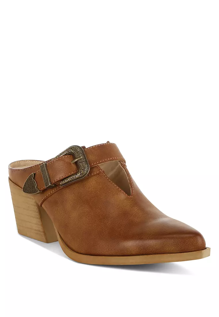 Carved Buckle Statement Mules in Tan