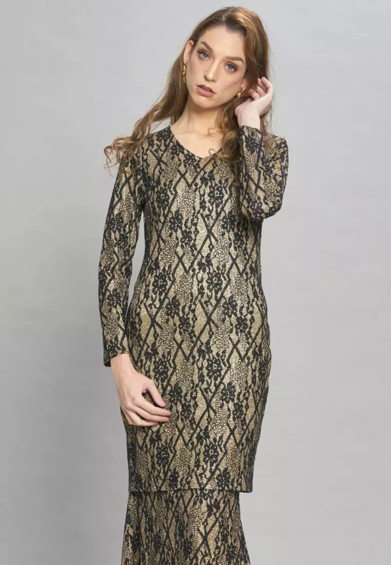 Glitter Black Gold Lace 'V' neck Modern Baju Kurung Hari Raya