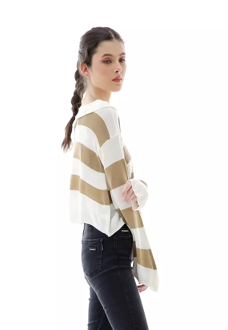 Vilia Rajut Crop Atasan Wanita Oversize Motif Stripe Garis Relaxed Fit - Khaki