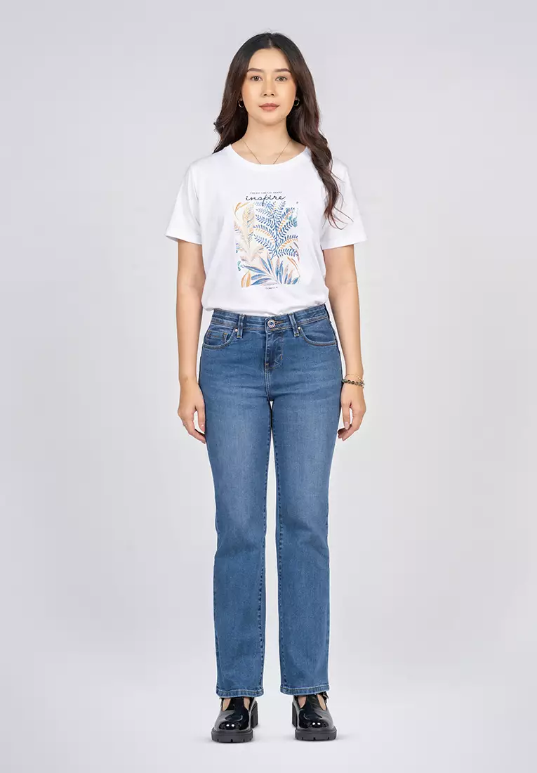 C2 Zoviel Blue Dual Push Bootcut Highwaist Jeans Wanita