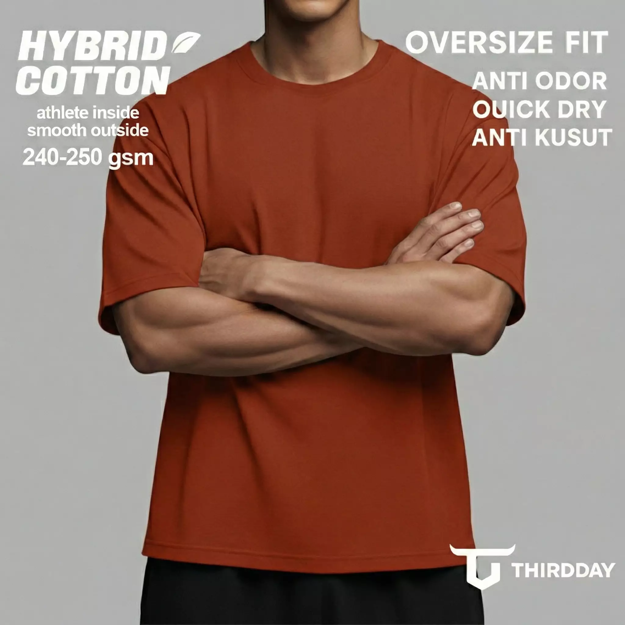 THIRDDAY Kaos Oversize Gym Tebal 250gsm Hybrid Cotton Polos coklat bata MTY96