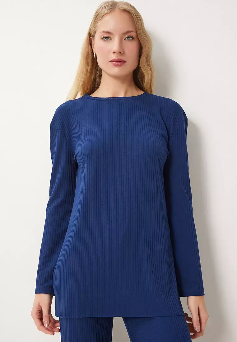 Comfortable Ribbed Knitted Blouse Trousers Set