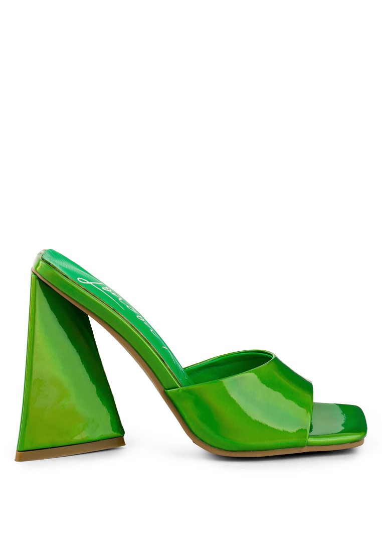 Green Metal Triangular Block Heel Sandals
