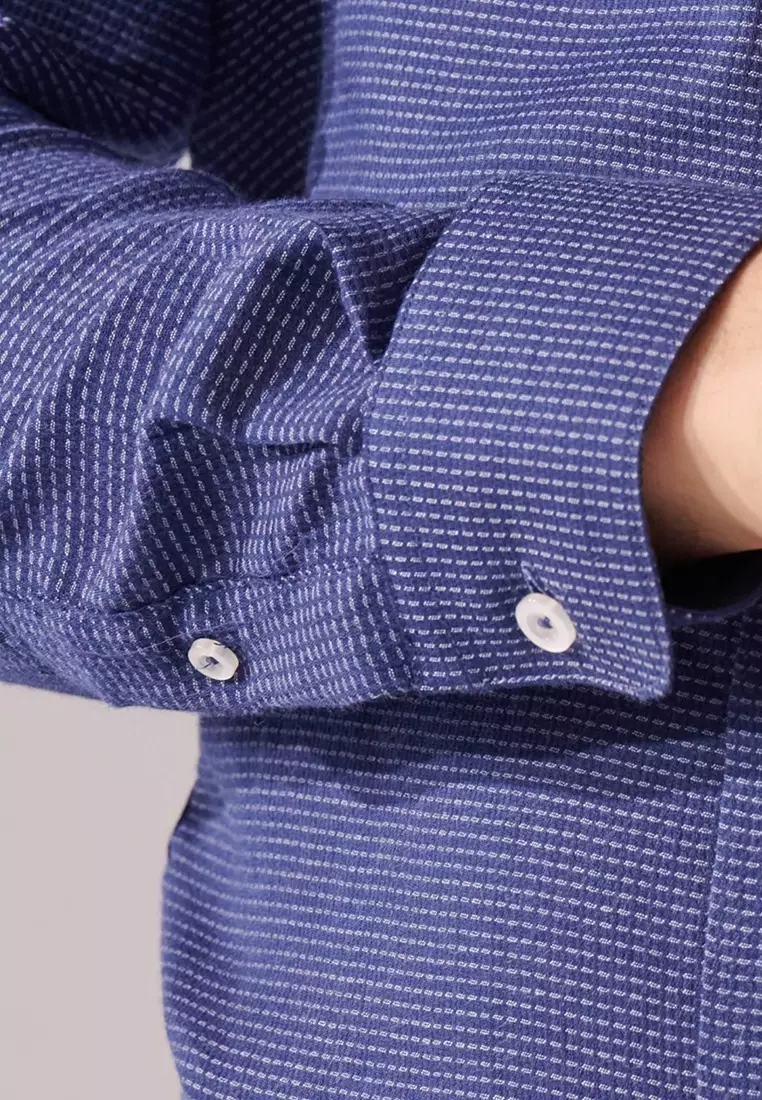 Dark Blue and White Textured Slim Fit Shirt