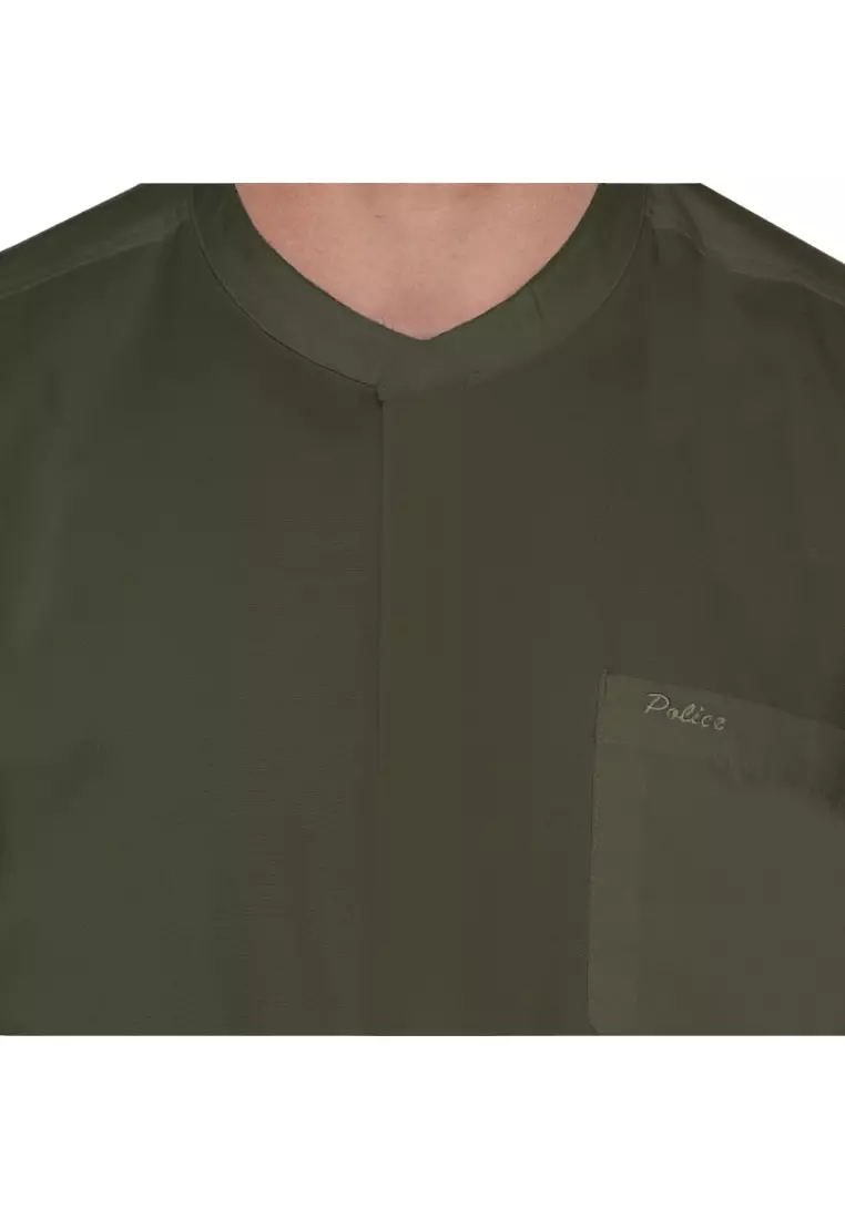 POLICE Kemeja Koko Polos Cotton Soft Olive Tua Regular Fit Lengan Panjang Pria