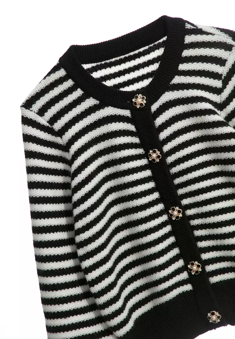 Black White Stripe Long Sleeve Knit Top