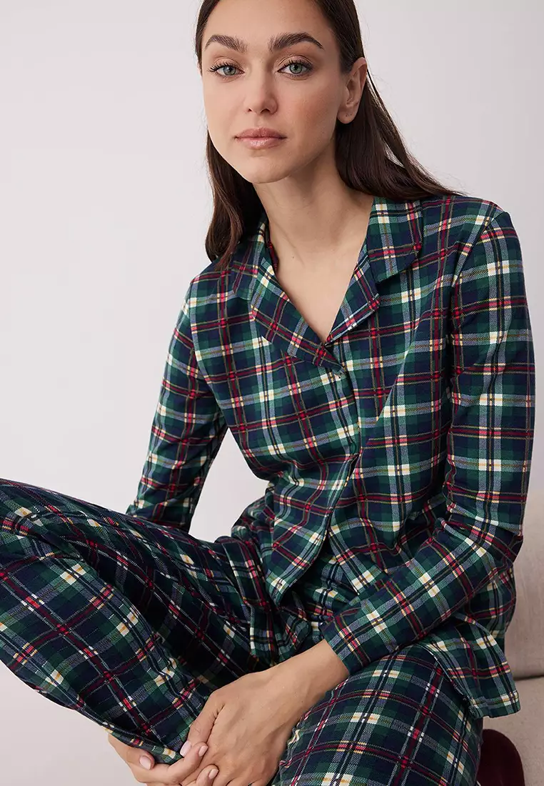 Green-Multicolored Cotton Lycra Soft Touch Plaid Knitted Pajama Set Thmaw26Pt00073