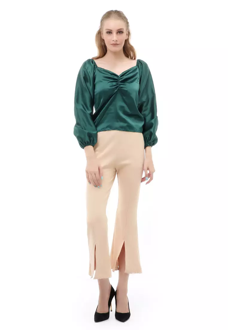 Cheva Blouse Casual Wanita Sabrina Kerut Dada Lengan Panjang Material Satin ORIGINAL - Green Bottle