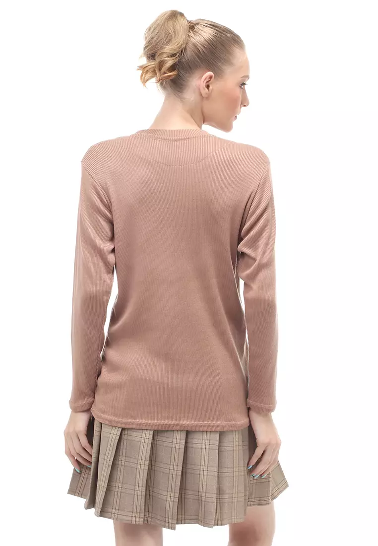 Briley Kaos Atasan Wanita Long Sleeves Motif Salur Relaxed Fit - Mocca Tua