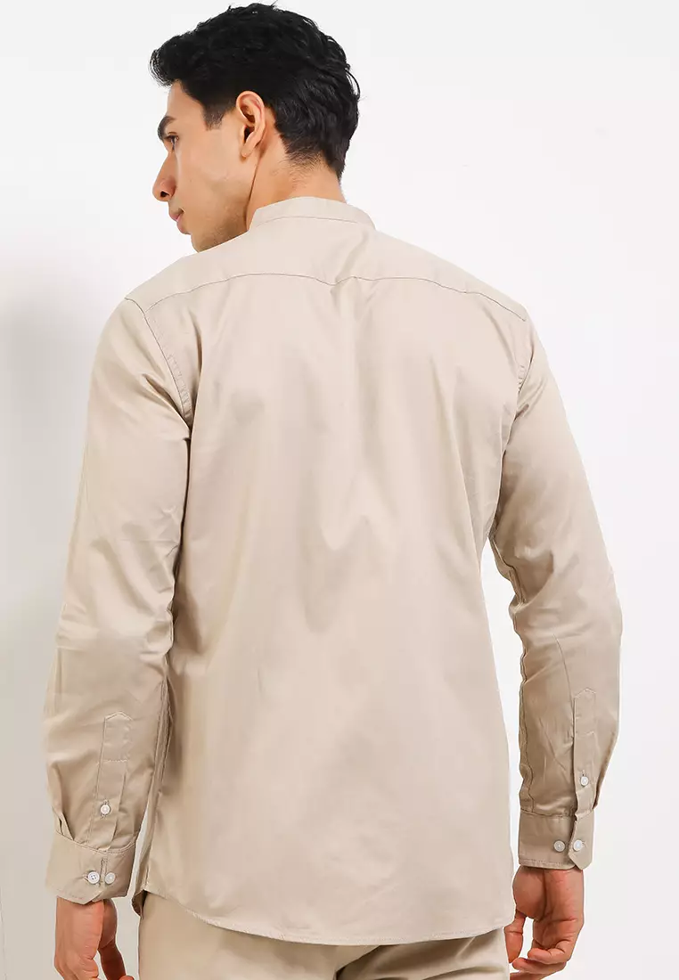Cotton Well Badr Stand Collar Shirt Light Taupe | Kemeja Koko Lengan Panjang Krem
