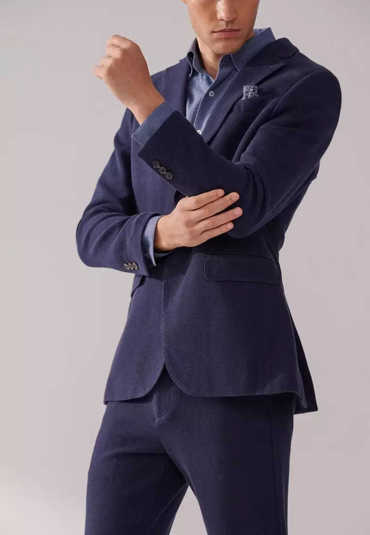 Navy Texture Slim Stretch Jersey Blazer