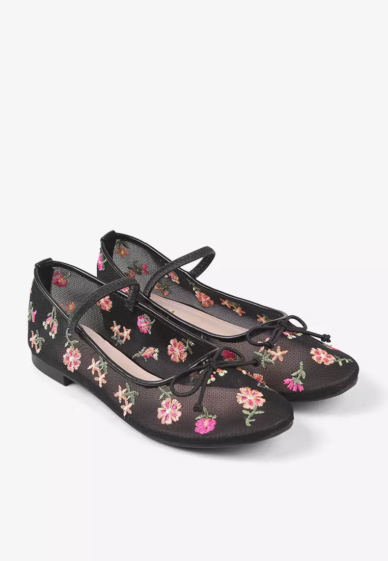 Lyla Mary Jane Mesh Flat Shoes Embroidery Flower Ballerina Black