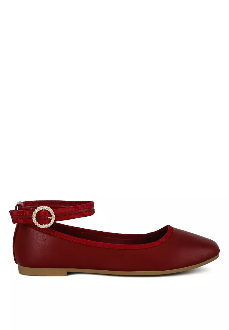 Discount on London Rag  shoes - SKU: Burgundy Ankle Strap Detail Ballet Flats