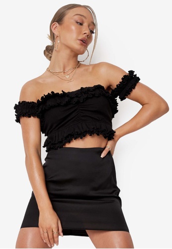 MISSGUIDED black Rib Ruched Front Frill Bardot Crop 4C5A0AA7E0CAA9GS_1